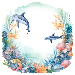 Fototapeta na wymiar World Oceans Day watecolor background. Illustration AI Generative.
