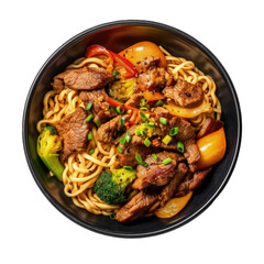 Noodles with meat and vegetables isolated Illustration AI Generative.
