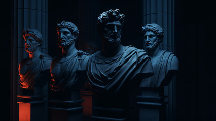 Matte Black Roman Statue Bust on Matte Black Background - Generative AI
