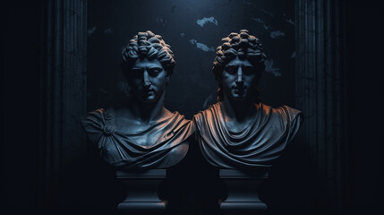 Matte Black Roman Statue Bust on Matte Black Background - Generative AI