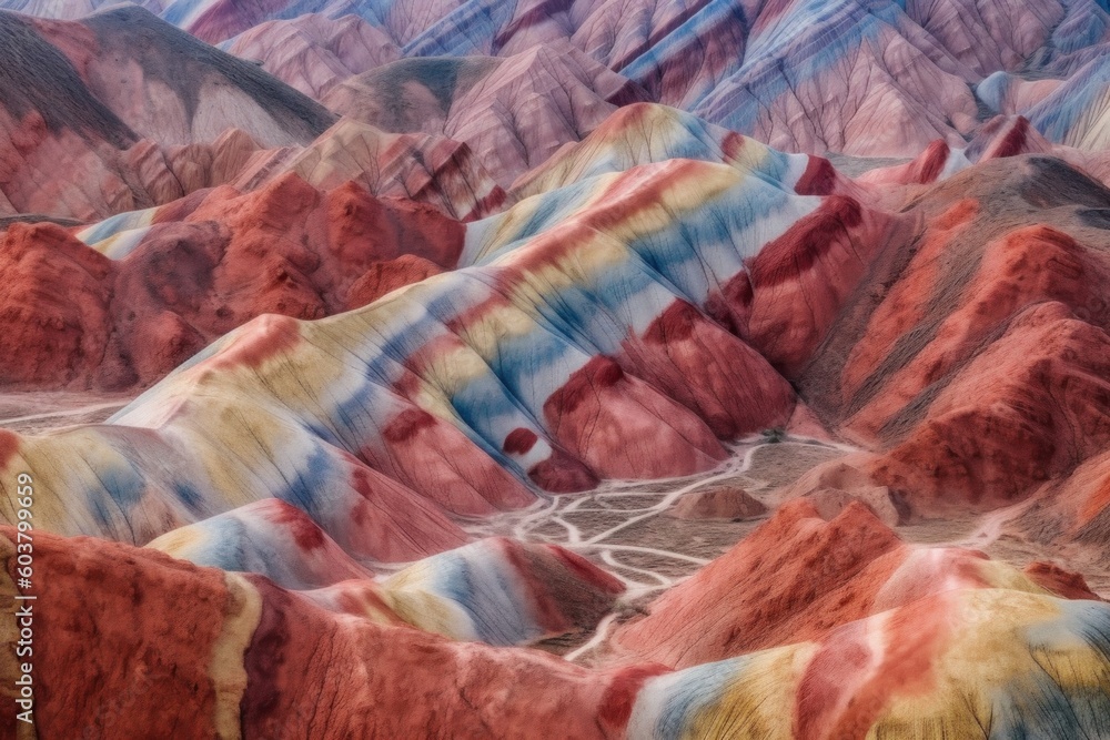 Poster a view of a colorful mountain with a sky background. generative ai image.