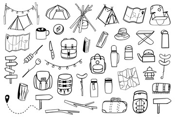Big set of camping and hiking equipment, outdoors adventure, recreation tourism. Isolated items needed in the journey. Illustrations for print, poster, cute stationery, travel design, etc.