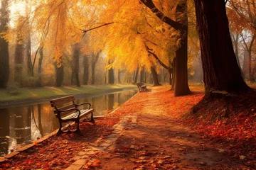 Fotobehang Donkerrood Empty bench in autumn park, fall landscape, AI Generated