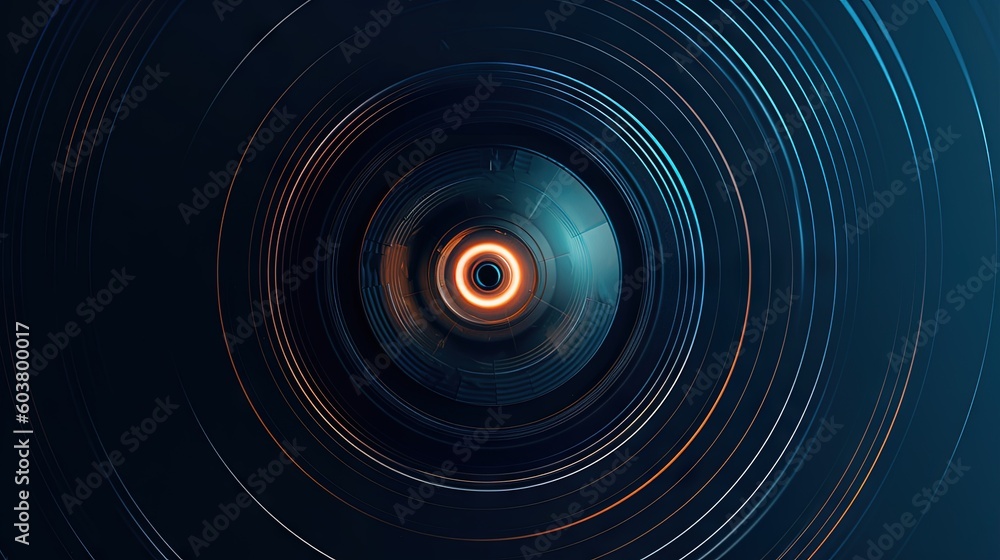 Poster an abstract photo of a circular object with a light at the end of the image and a black background w