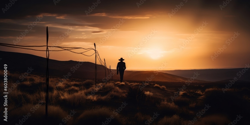 Poster a person standing on a hill with a hat on. generative ai image.
