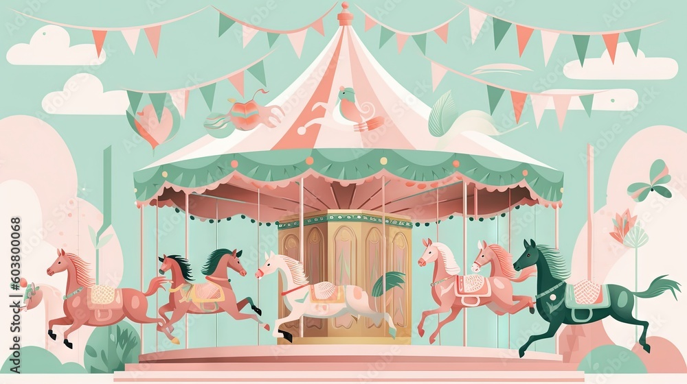 Poster a merry go round with horses and a carousel in the middle of the park with flags and buntings on the