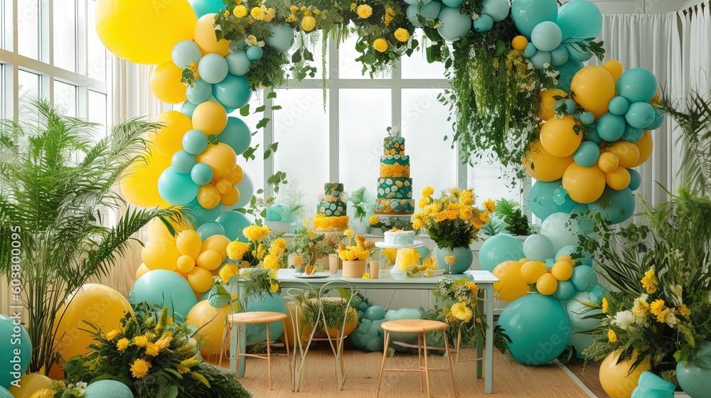 Poster a room filled with lots of balloons and a table with a cake on it and a lot of flowers on the table 