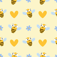 Summer Seamless Pattern with Cute Happy Bees, Hearts and Flowers. Funny Insects Hand-Drawn in Cartoon style. Children's print, colorful design, trendy minimalistic style.