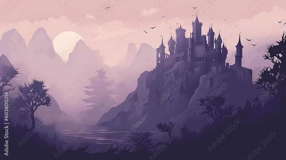 Poster a castle on a mountain with a lake in the foreground and birds flying around it in the sky above the