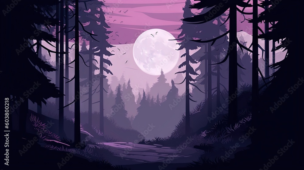 Poster a purple and black forest with a full moon in the sky and a path leading to the woods with trees on 