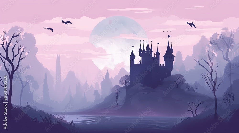 Poster a castle in the middle of a forest with a full moon in the sky above it and birds flying over it and