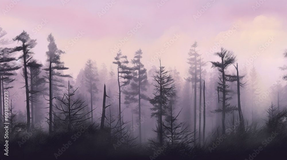 Poster a painting of a forest with fog and trees in the foreground and a pink sky in the back ground with c