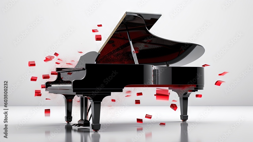 Poster a black piano with red squares around it and a white background with red squares around it and a whi