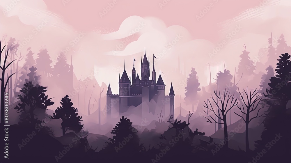 Poster a castle in the middle of a forest with fog in the air and trees in the foreground and a pink sky in