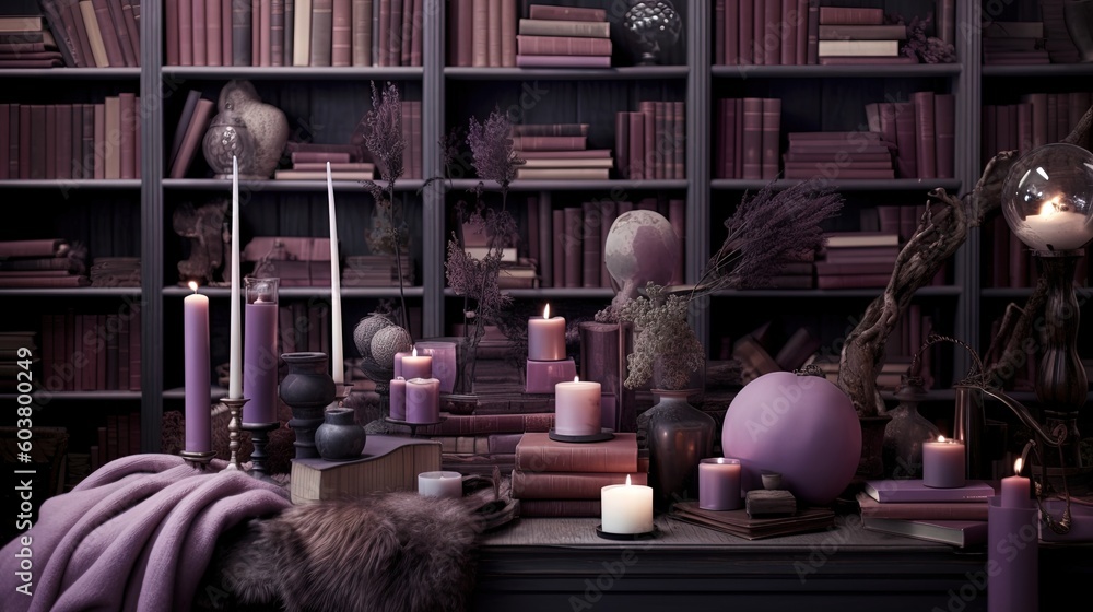Poster a room filled with lots of books and a bunch of candles on top of a table next to a bookshelf filled