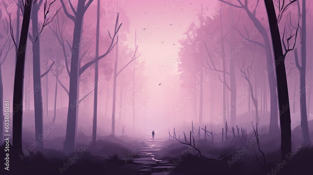 Poster a person is walking down a path in a pink foggy forest with tall trees and a trail leading to a pers