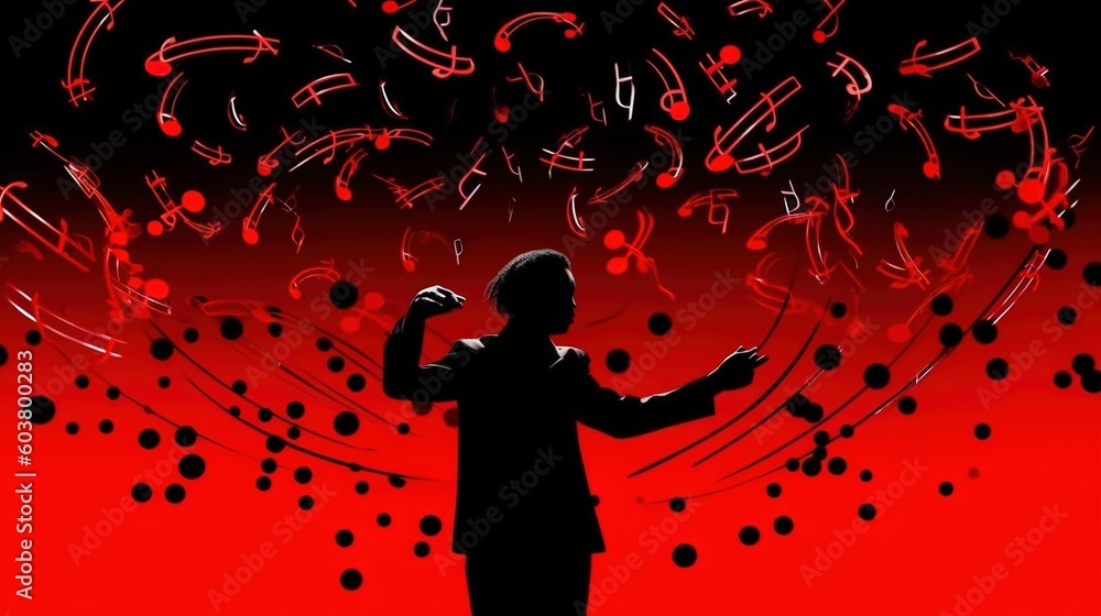 Poster a man standing in front of a red background with musical notes coming out of his hands and a microph
