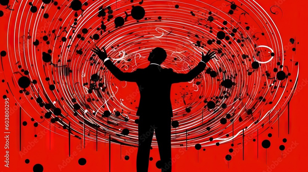 Poster a man standing in front of a red background with circles and circles around him and his hands up in 
