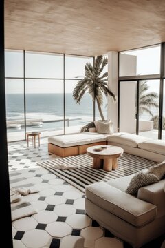 A living room filled with furniture and a view of the ocean. Generative AI image.