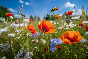  wild flower blooming field of cornflowers and daisies flowers ,poppy flowers, blue sunny sky ,butterfly and bee on flowers summer landscap,generated ai