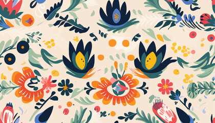 Cute Ukrainian style floral ornament pattern. Hand drawn artistic abstract print. Collage contemporary design