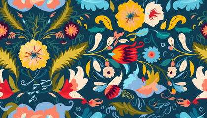 Naklejka premium Cute Ukrainian style floral ornament pattern. Hand drawn artistic abstract print. Collage contemporary design
