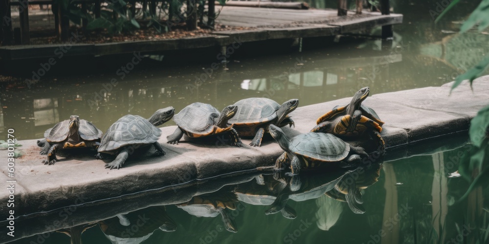 Poster a group of turtles sitting on the edge of a pond. generative ai image.
