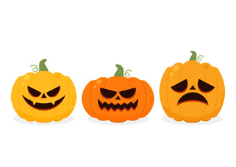 Pumpkin head set. Cute and scary halloween pumpkin monster set. Holidays cartoon character in flat style collection.