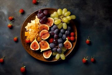 Fototapeta na wymiar Hard cheese piece on plate with grapes and figs on dark background. Top view. Free space for text. Banner. Generative AI