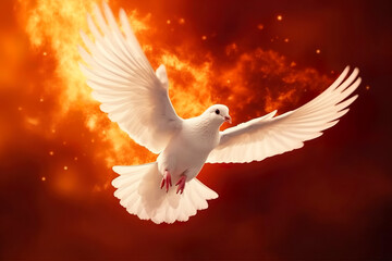 Pentecost Sunday. Flying white dove in fire background. Symbol of the Holy Spirit descent upon the Apostles and other followers of Jesus. Generative AI