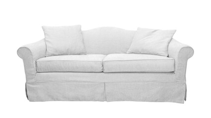 White sofa with two pillows isolated on white, transparent background, PNG. Classic english style two seater cushion couch with upholstery cover, front view