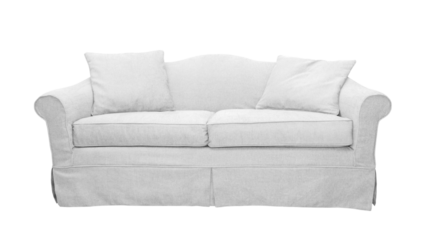 White sofa with two pillows isolated on white, transparent background, PNG. Classic english style two seater cushion couch with upholstery cover, front view