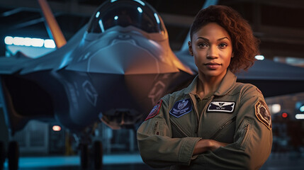 Proud African American Female Air Force Fighter Pilot Standing In Front of Her F35 - Generative AI.