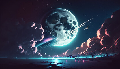 Fantasy moon light neon illustration AI generated