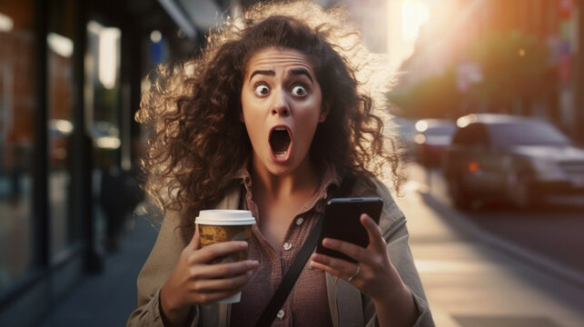 Delightedly Surprised or Horrified Young Adult Female Holding Her Coffee Cup and Cell Phone Walking Outside - Generative AI.
