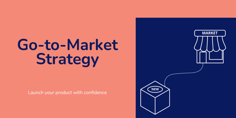 Go-to-Market Banner on Red and Blue Background. Stylish Product Launch Banner with White and Blue Text and Icons for Business and Marketing