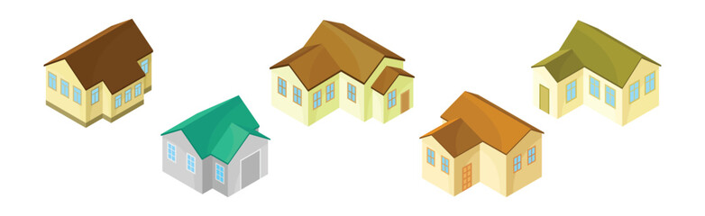 Detached House or Residence as Free-standing Building Isometric Vector Set