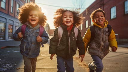 Obraz premium Happy Laughing Multi-ethnic Children On Their Way to School - Generative AI.