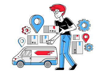 Delivery worker preparing packages vector outline illustration, logistics courier using van for parcels, order goods in a shop and receive it fast and free.