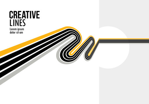 Future lines in 3D perspective vector abstract background, black and yellow linear composition, optical illusion op art.