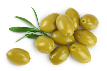 Green olives with leaves isolated on a white background with full depth of field. Top view. Flat lay