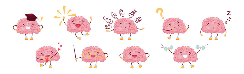 Funny Pink Brain with Arms and Legs Vector Set