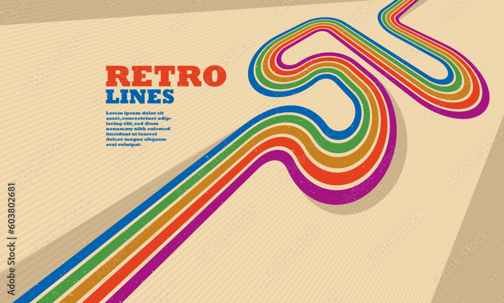 Poster retro style abstract background with curve lines in all colors of rainbow, 3d dimensional seventieth
