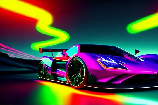 Hypercar Traveling Powerful acceleration On Neon Highway a night track with colorful lights and trails. 3d illustration. Generatve Ai