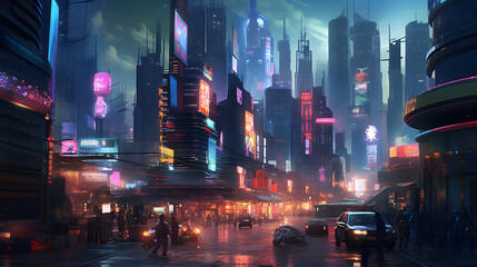 A cyber city filled with holographic billboards. Generative AI.