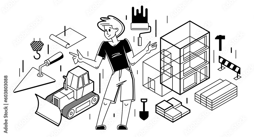 Poster building architecture designer vector outline trendy illustration, construction engineer working on 