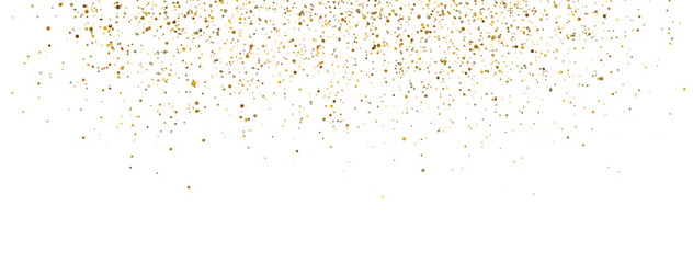 Fototapeta na wymiar Gold glitter banner. Golden falling paper confetti. Polka dot background. Flying particles frame. Sparkling dust border. Celebration card. Happy Holiday design. Vector illustration