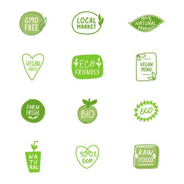 Non GMO labels. Organic cosmetic. GMO free icons. Healthy food concept. Eco, vegan, bio hand drawn tag. Beauty product package. Sustainable life. Vector illustration