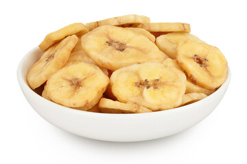 Dried banana chips in ceramic bowl isolated on white background with full depth of field