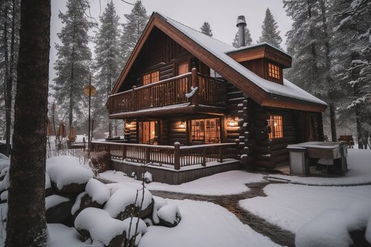  a cabin in the woods with snow on the ground and a hot tub in the front of the cabin and a hot tub in the back of the cabin.  generative ai